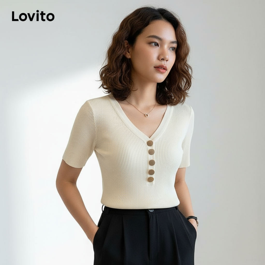 Lovito Blusa Feminina Casual de Botão para Verão e Primavera LNL36064