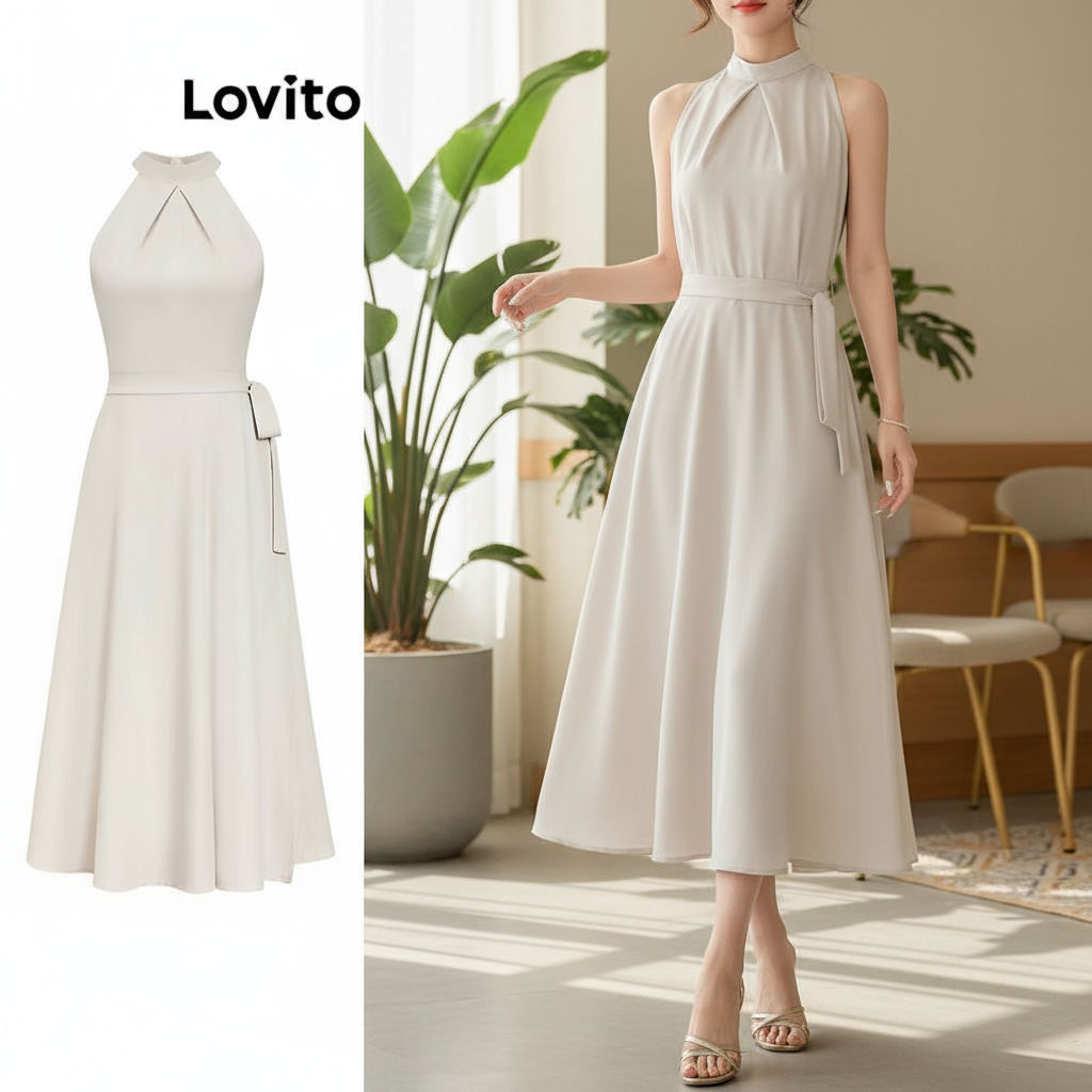Lovito Vestido Feminino Liso Plissado Estilo Elegante L95ED099 em Oferta na Shopee