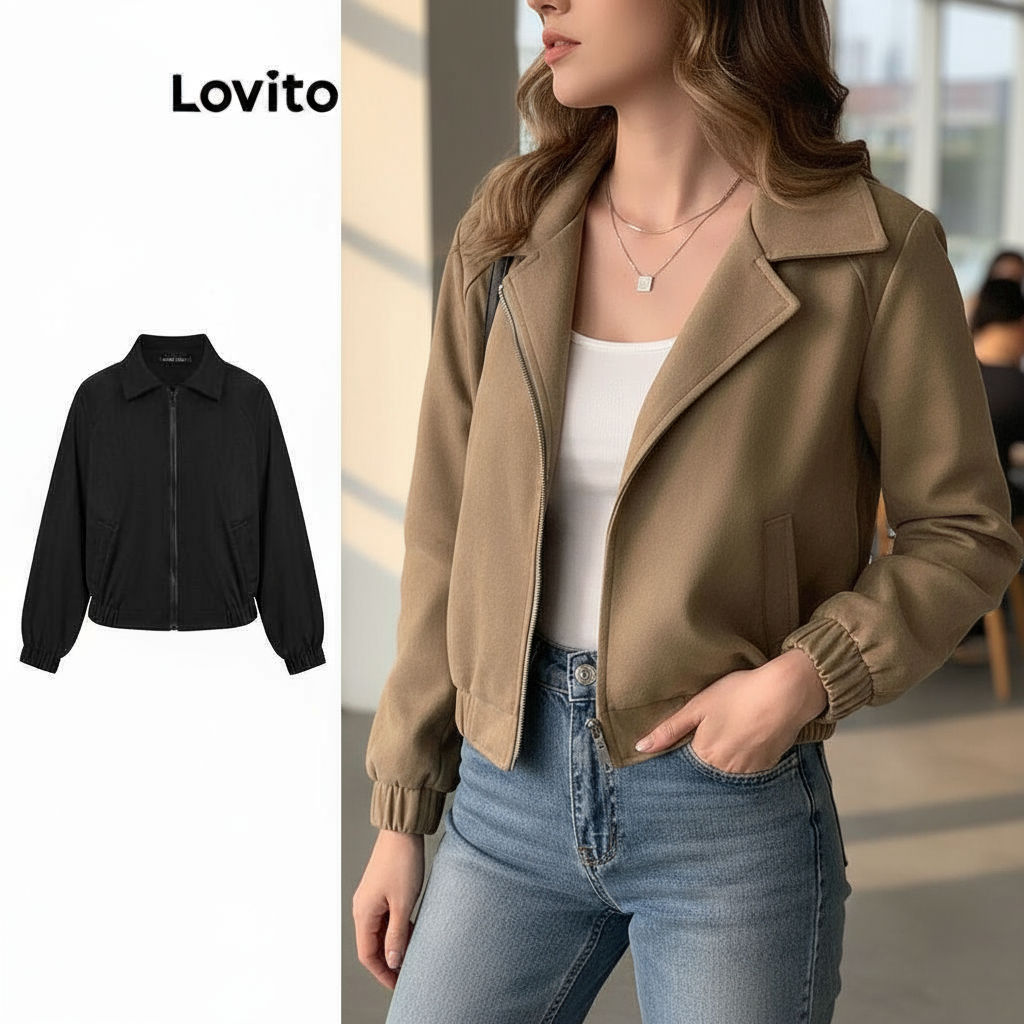 Lovito Jaqueta Feminina Casual com Zíper Liso Cor Marrom LNE30129 em Oferta na Shopee