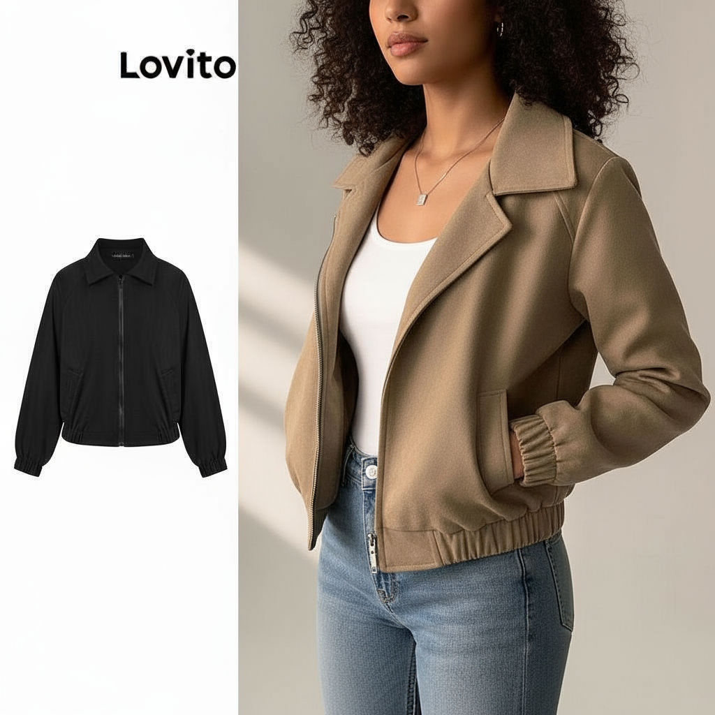 Jaqueta Feminina Casual Lisa com Zíper Lovito Marrom em Oferta na Shopee