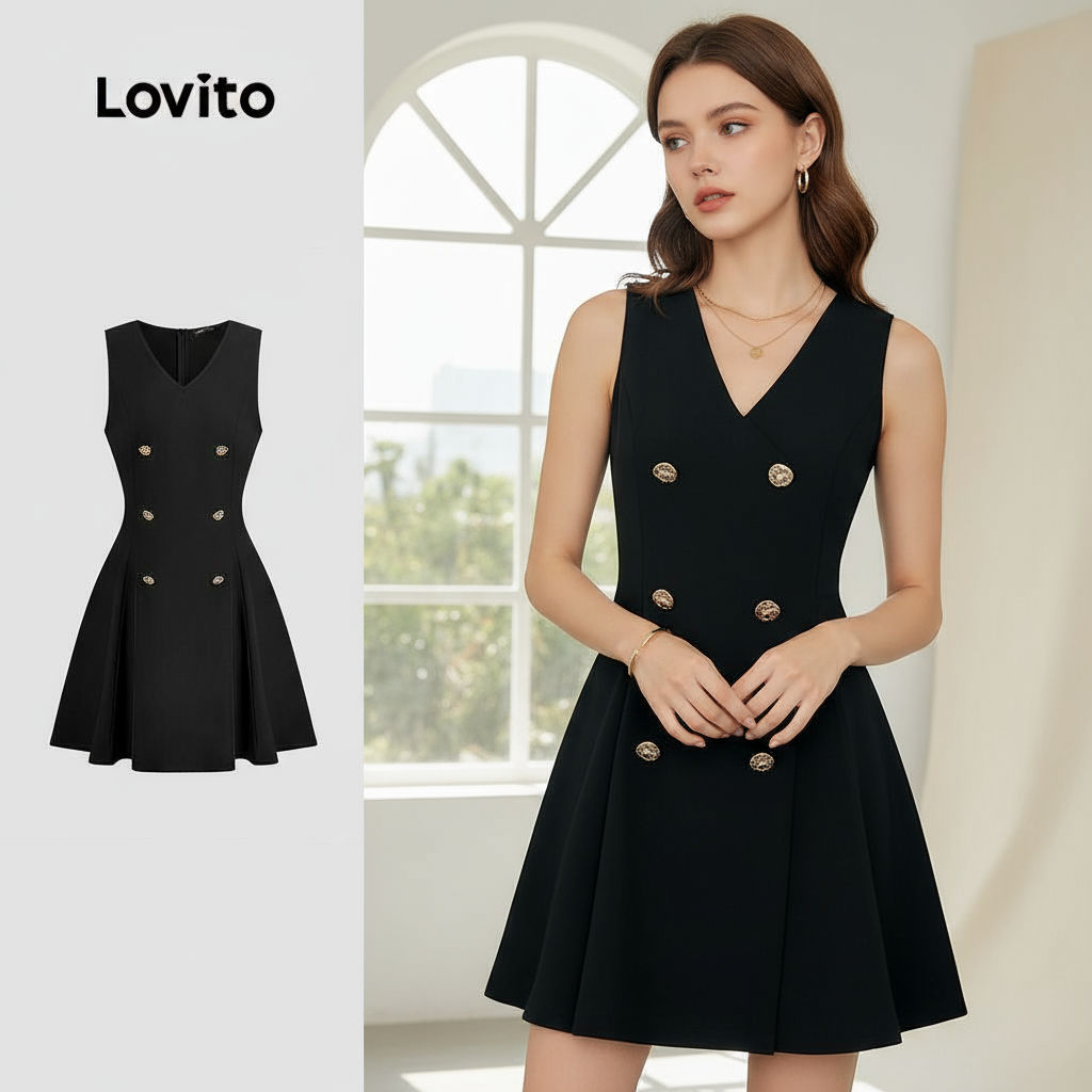 (trendy3)Lovito Vestido Elegante Preto Liso Com Botão Frontal Para Mulheres L135AD890 em Oferta na Shopee