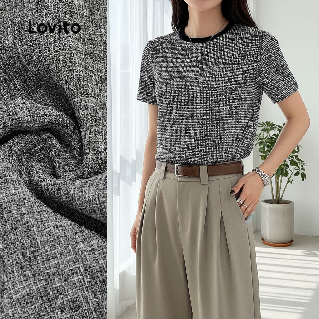 (Trendy2) Lovito Blusa Casual Colorblock com Acabamento em Contraste Simples para Primavera/verão Blusa preta L138ED010 em Oferta na Shopee