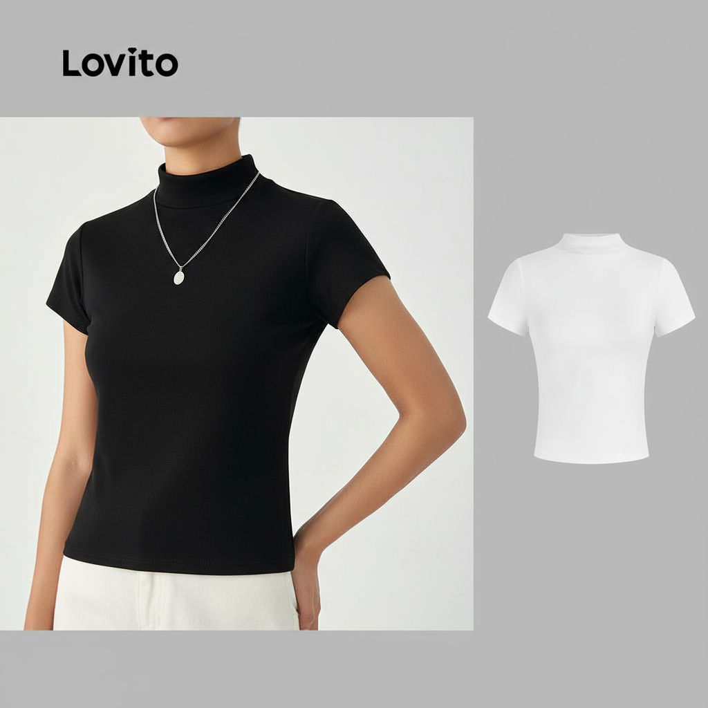 Lovito Blusa Feminina Casual Lisa de Gola Alta LNE38015 (Preto) em Oferta na Shopee