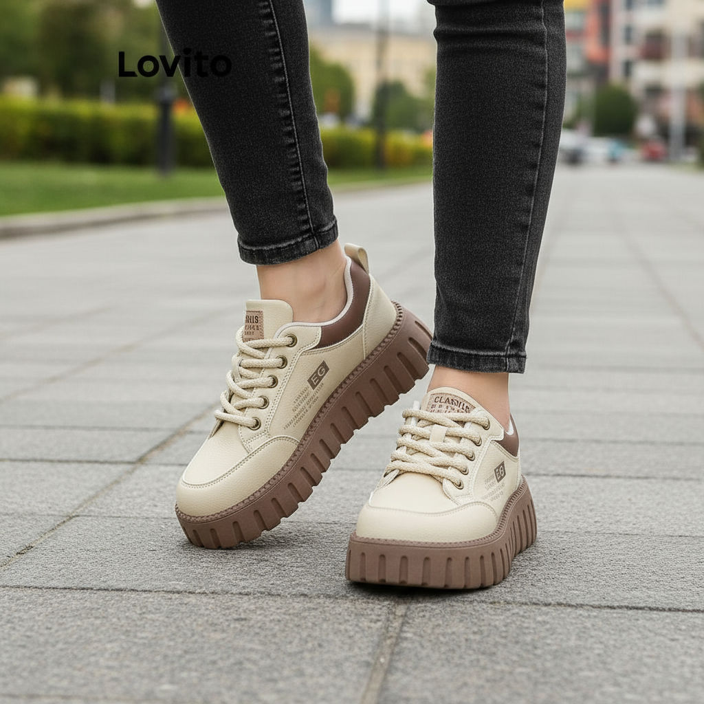 Lovito Tênis Casual Feminino Estilo Retrô com Design Militar Versátil LFA50008 em Oferta na Shopee