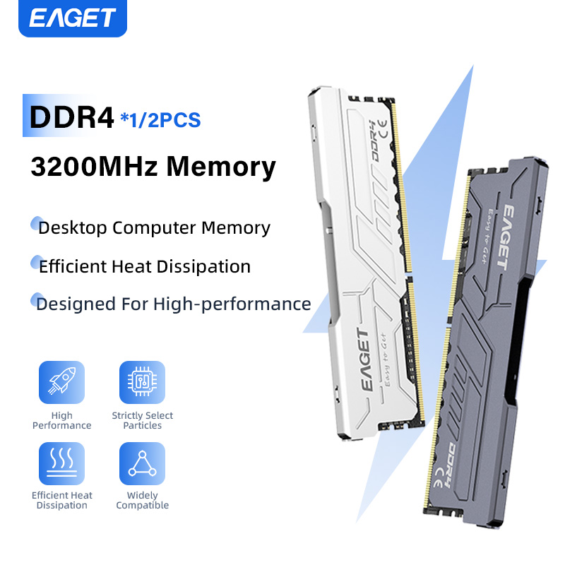 EAGET PS40 DDR4 RAM para desktop gamer, 8GB/16GB, 3200 MHz, dissipador de alumín