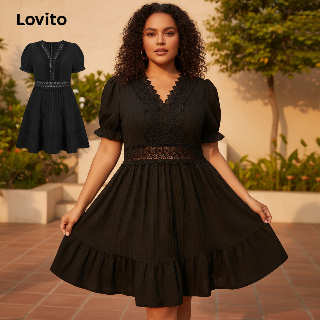 Lovito Vestido Curvo Plus Size Feminino Elegante De Renda Lisa LBL19816