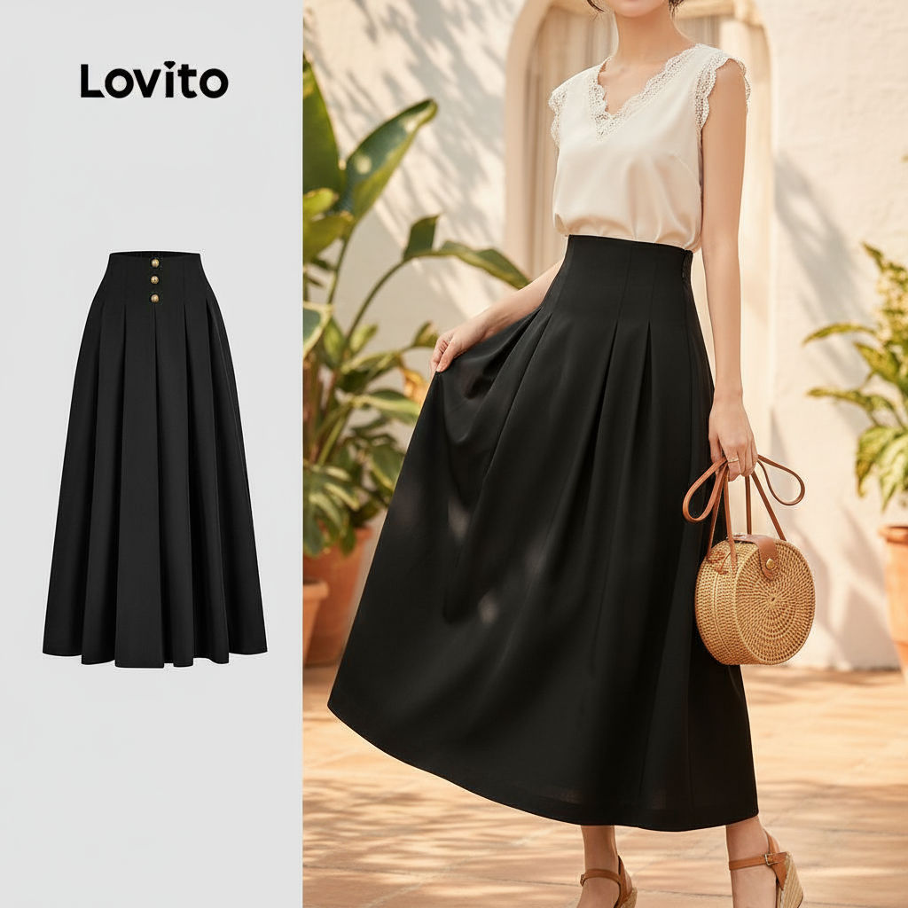 Lovito Saias Femininas Pretas Elegantes de Primavera/Verão com Zíper e Botão Liso L134ED115 em Oferta na Shopee