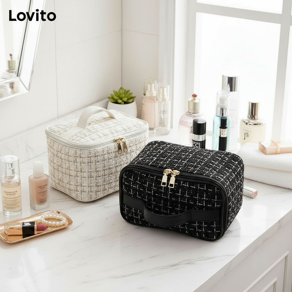 Lovito Bolsa de Maquiagem Feminina Estilo Tweed Alta Capacidade Hepburn LBT01065