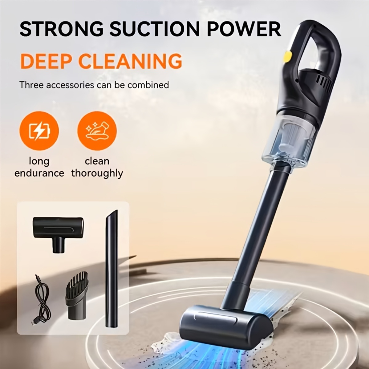 Aspirador portátil sem fio, ideal para carros e casas, com forte potência de sucção, lavável, vários acessórios, bateria