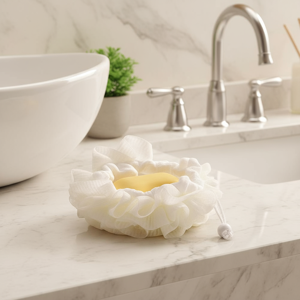 Esponja de Banho com Renda Floral Suave e Material Amigável à Pele - 2 em 1 para Armazenamento de Sabonete e Esfoliador