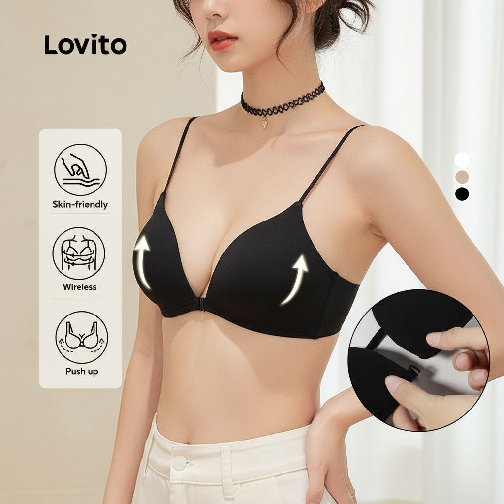 Lovito Bralette Preto Sexy Com Gancho Sem Arame Push Up Pele Amigável LNE113147\6