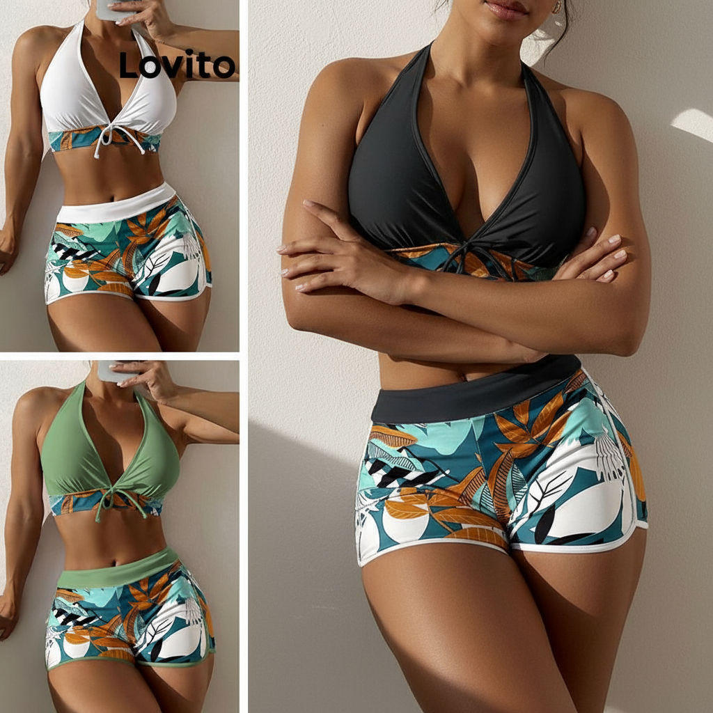 Lovito Biquíni Feminino Sexy com Estampa de Plantas e Laço para Verão - LNL36108 (Branco/Verde/Preto) em Oferta na Shopee
