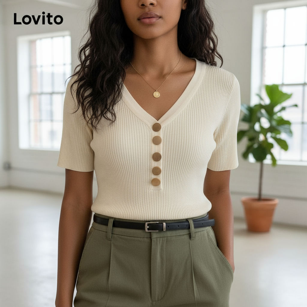 Lovito Camiseta Feminina Casual de Botão para Verão e Primavera LNL36064 em Oferta na Shopee