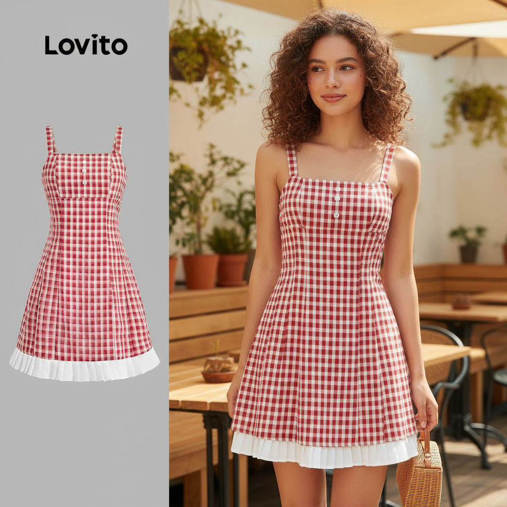 Lovito Vestido Casual Xadrez Falso 2 Em 1 Vestido Plissado Com Botão Para Mulheres L125AD203\2 em Oferta na Shopee