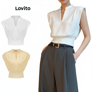 Regata Feminina Sem Mangas Decote V Lisa Plissada Lovito Top Curto L53ad013 (Multicolorida) em Oferta na Shopee