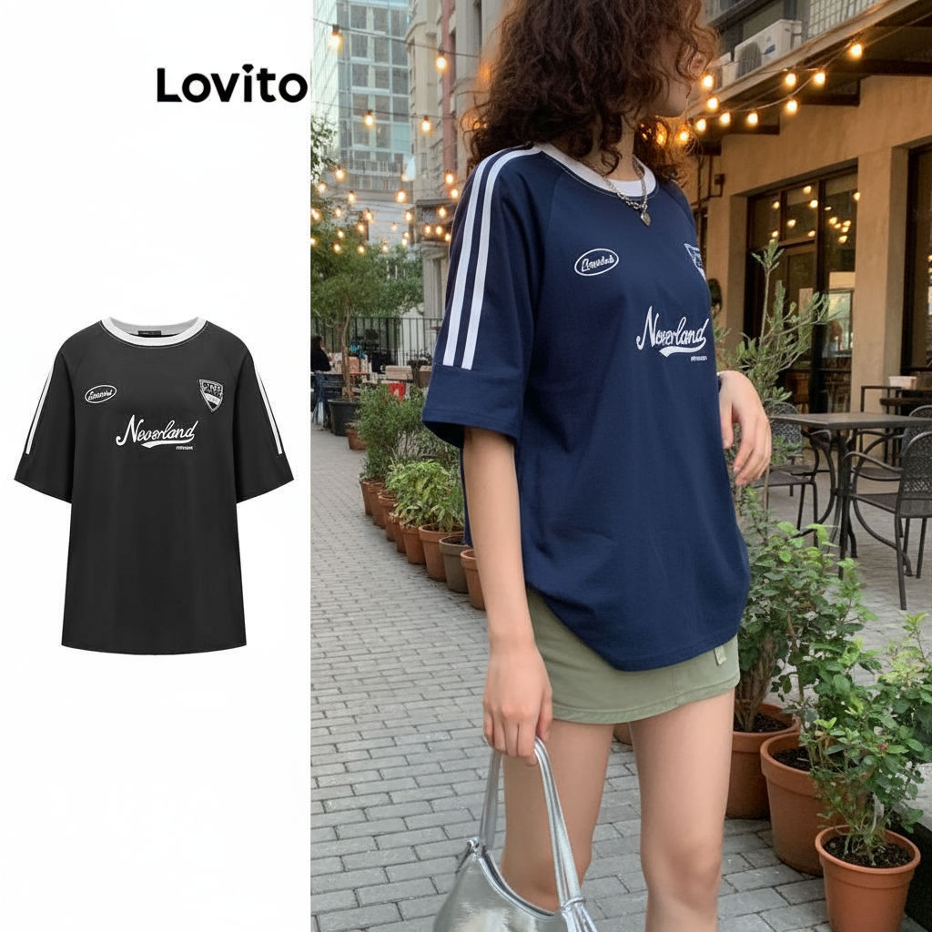 Lovito Camiseta Feminina Verão Casual com Letras Contrastantes e Encadernação LNE29081 (Multicolorida) em Oferta na Shopee