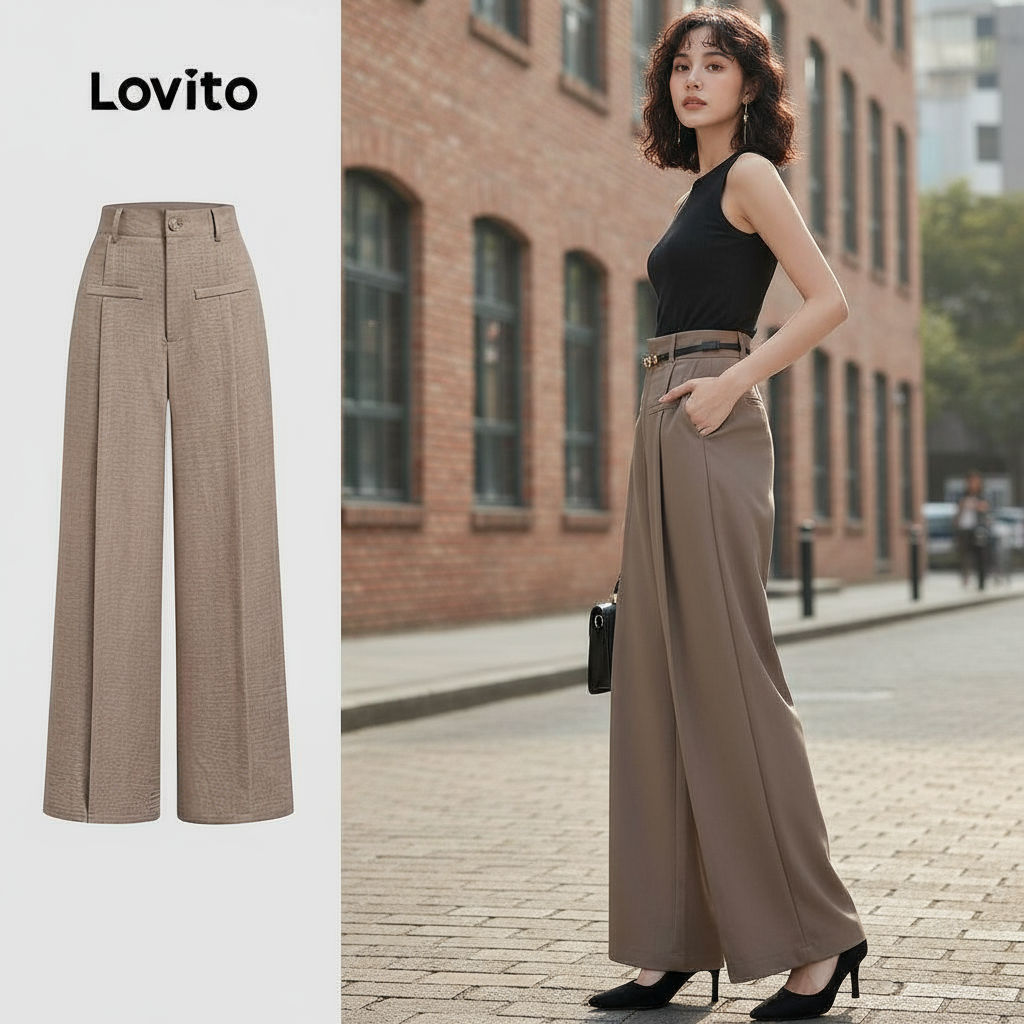 Lovito Calças Femininas com Pregas e Bolsos Fake, Estilo Minimalista para Primavera/Verão na Cor Marrom - LB135LD395