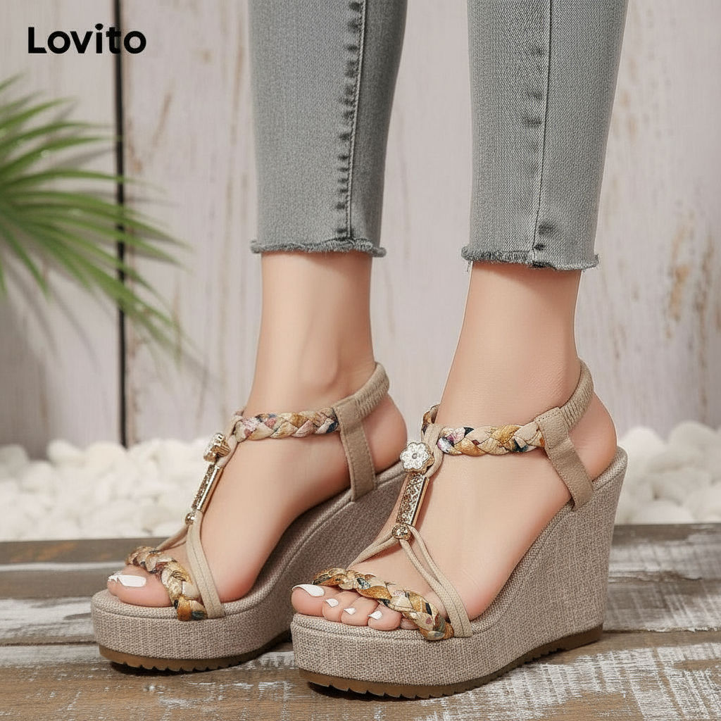 Lovito Sapato feminino estilo Boho, design de tecido bloco de cor lisa, modelo esqueleto cunha, estilo étnico, LFA65322 em Oferta na Shopee