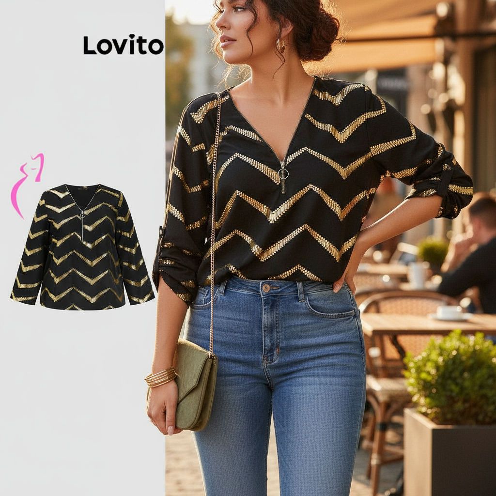 Lovito Blusa Elegante Plus Size Com Zíper Geométrica Feminina Verão/Primavera LBL18297\2 em Oferta na Shopee