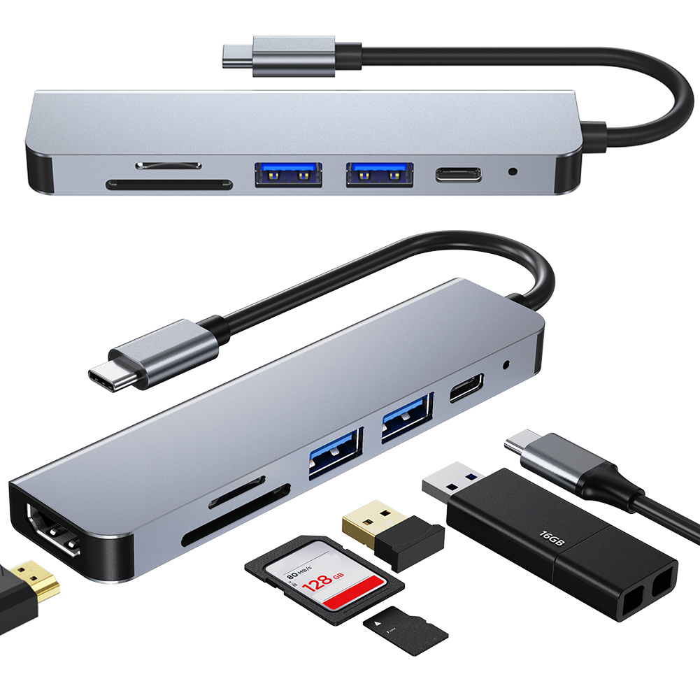 Hub USB 6 em 1 Tipo C para HDMI Adaptador 4K 3 USB C Hub com 3.0 Hub Slot para Leitor de Cartão TF SD e PD para MacBook