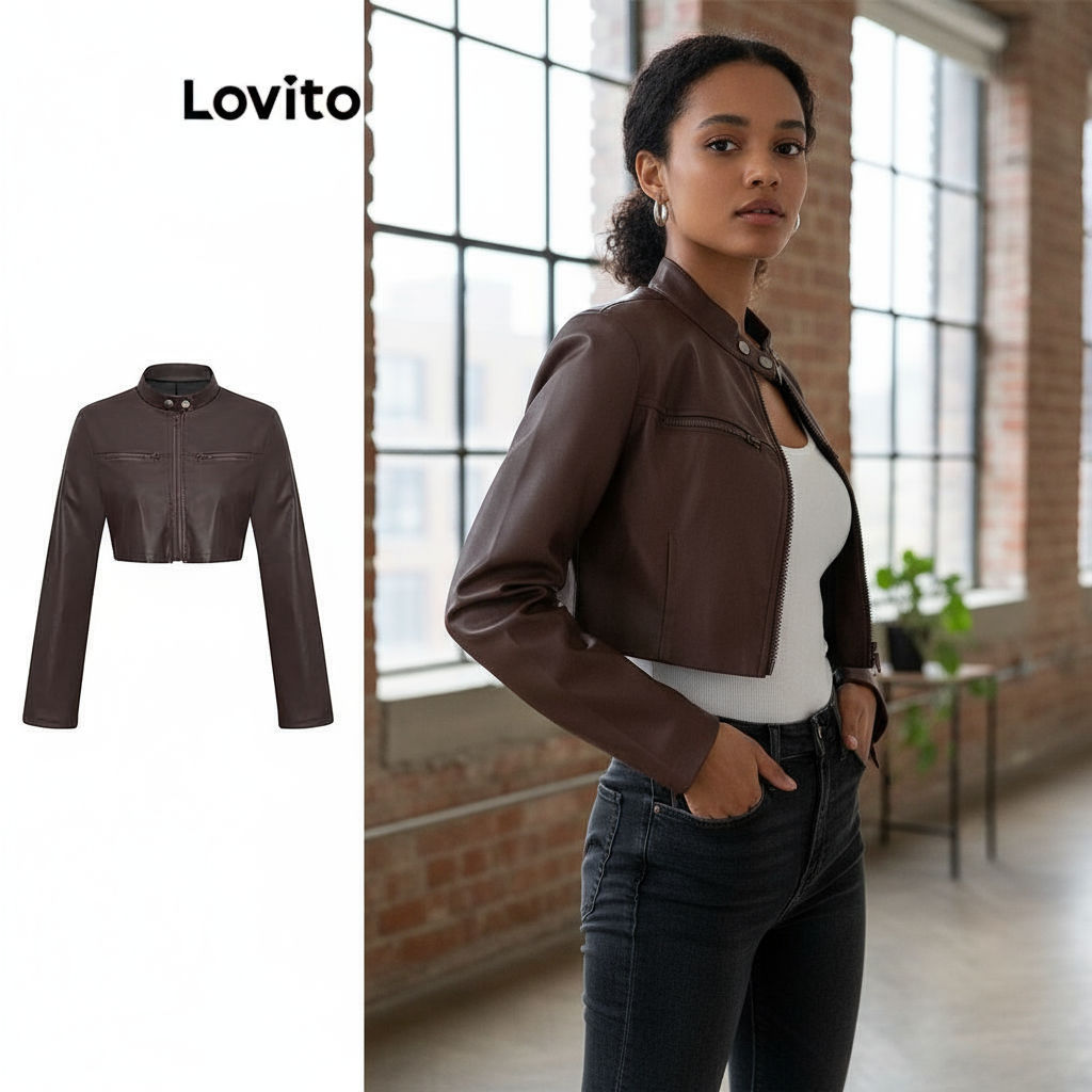 Lovito Jaqueta Feminina Casual Corta-Vento com Zíper Impermeável e Detalhes Pontiagudos L106AD280 em Oferta na Shopee