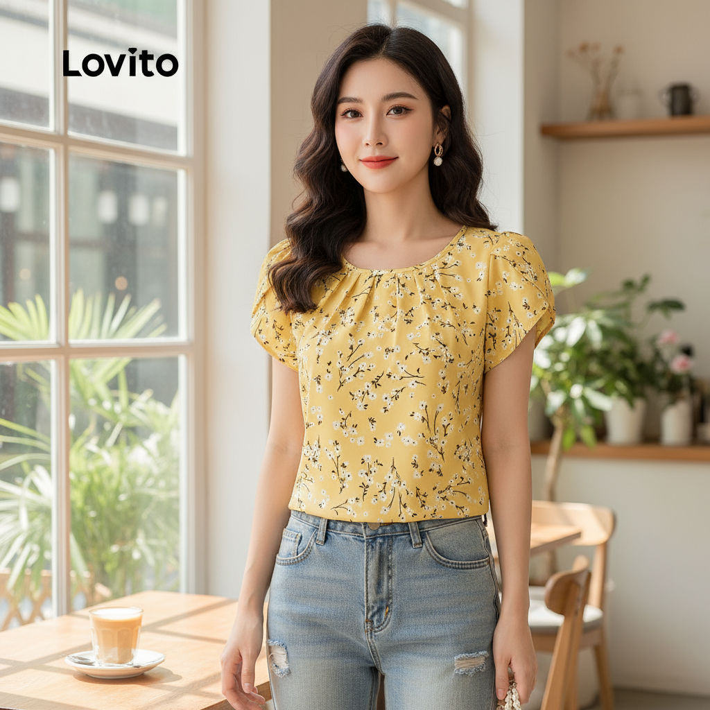 Lovito Blusa Casual Dobrada Primavera/verão Amarela para Mulheres L154ED1019\6 em Oferta na Shopee