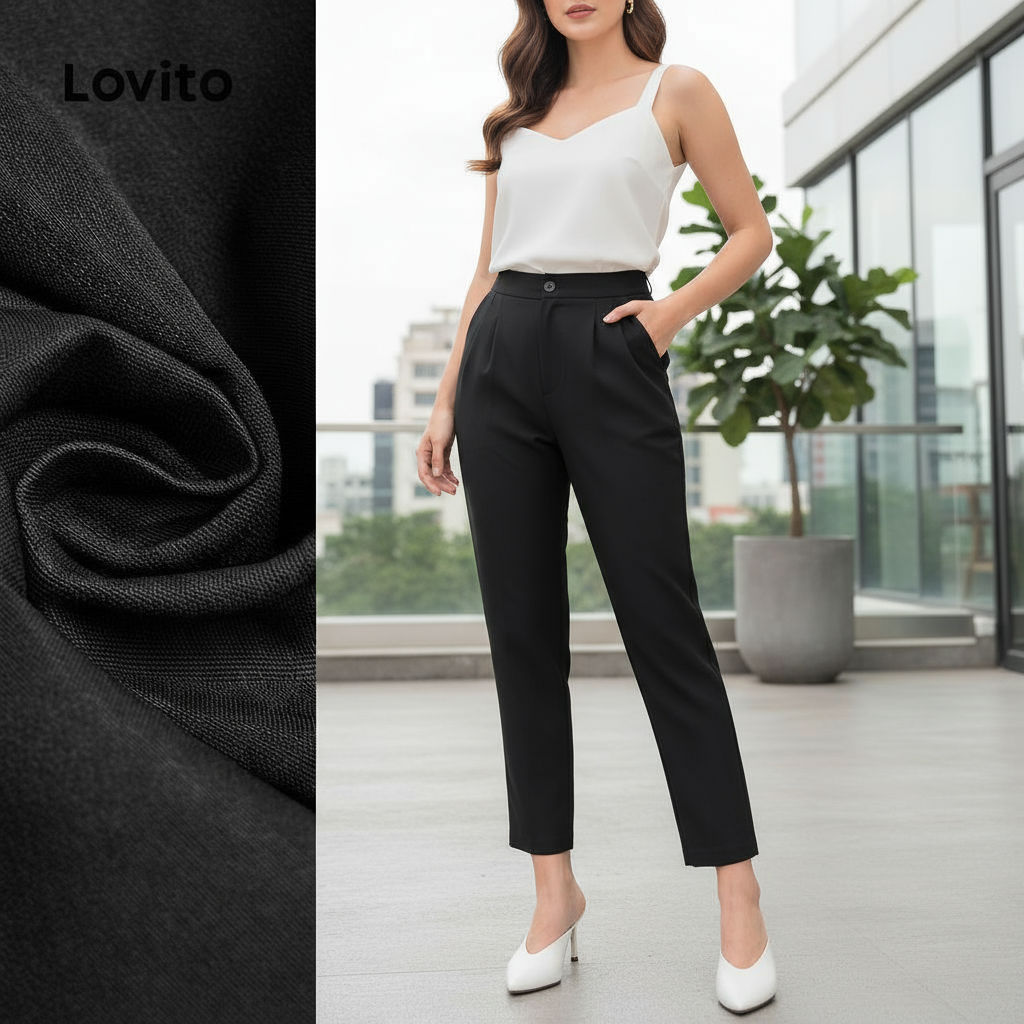 Lovito Calça Feminina Social Elegante com Botão Zíper Primavera/Verão Preta em Oferta na Shopee