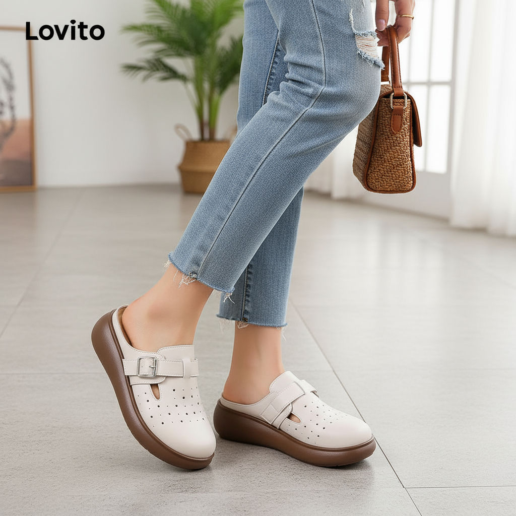 (Trendy2) Lovito Casual Thick Sole Aumenta a Baotou Confortável Respirável Malha Sandália Plana para Mulheres LFA59269 em Oferta na Shopee