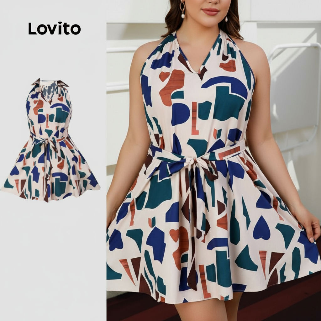Lovito Vestido Casual Plus Size Curva Geométrico Com Cinto Frente Dividida Primavera Verão Feminino LBL19103\6 em Oferta na Shopee