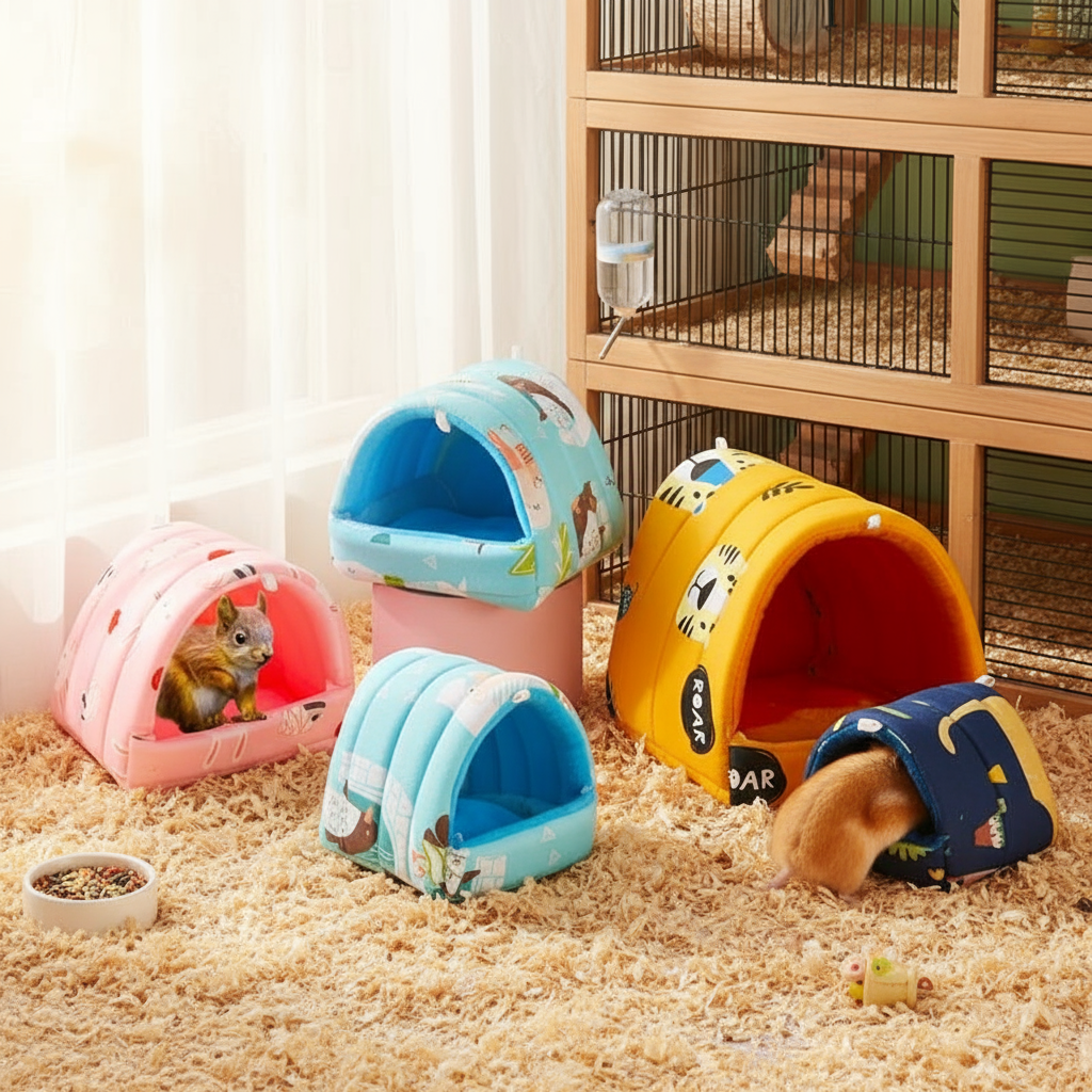 Adorável esconderijo de animal pequeno para porco-espinho, chinchila, hamster, rato, casa quente e aconchegante