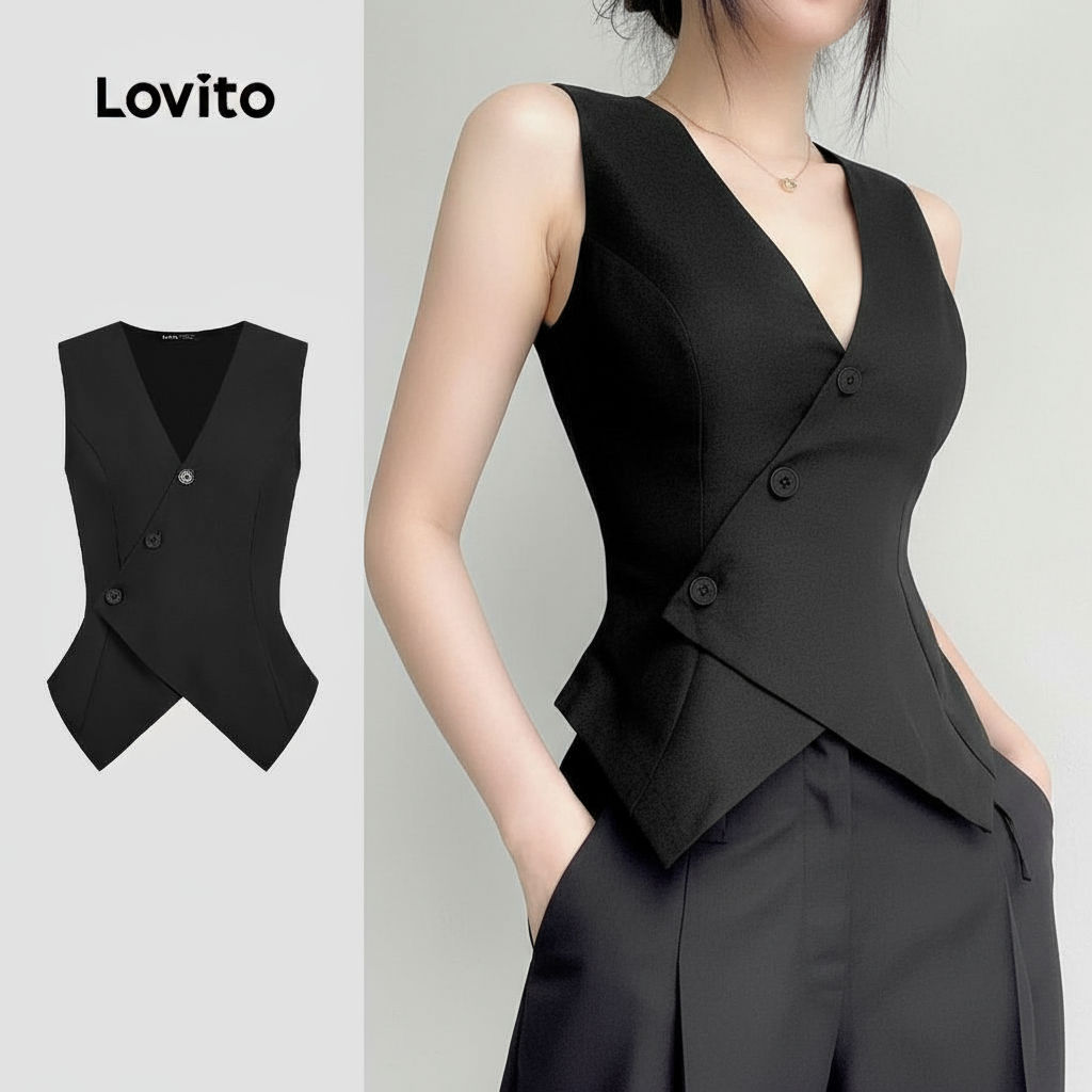 (Trendy2) Lovito Regata Casual Com Botão Liso Assimétrico Verão Primavera Preta Para Mulheres L135AD537 em Oferta na Shopee