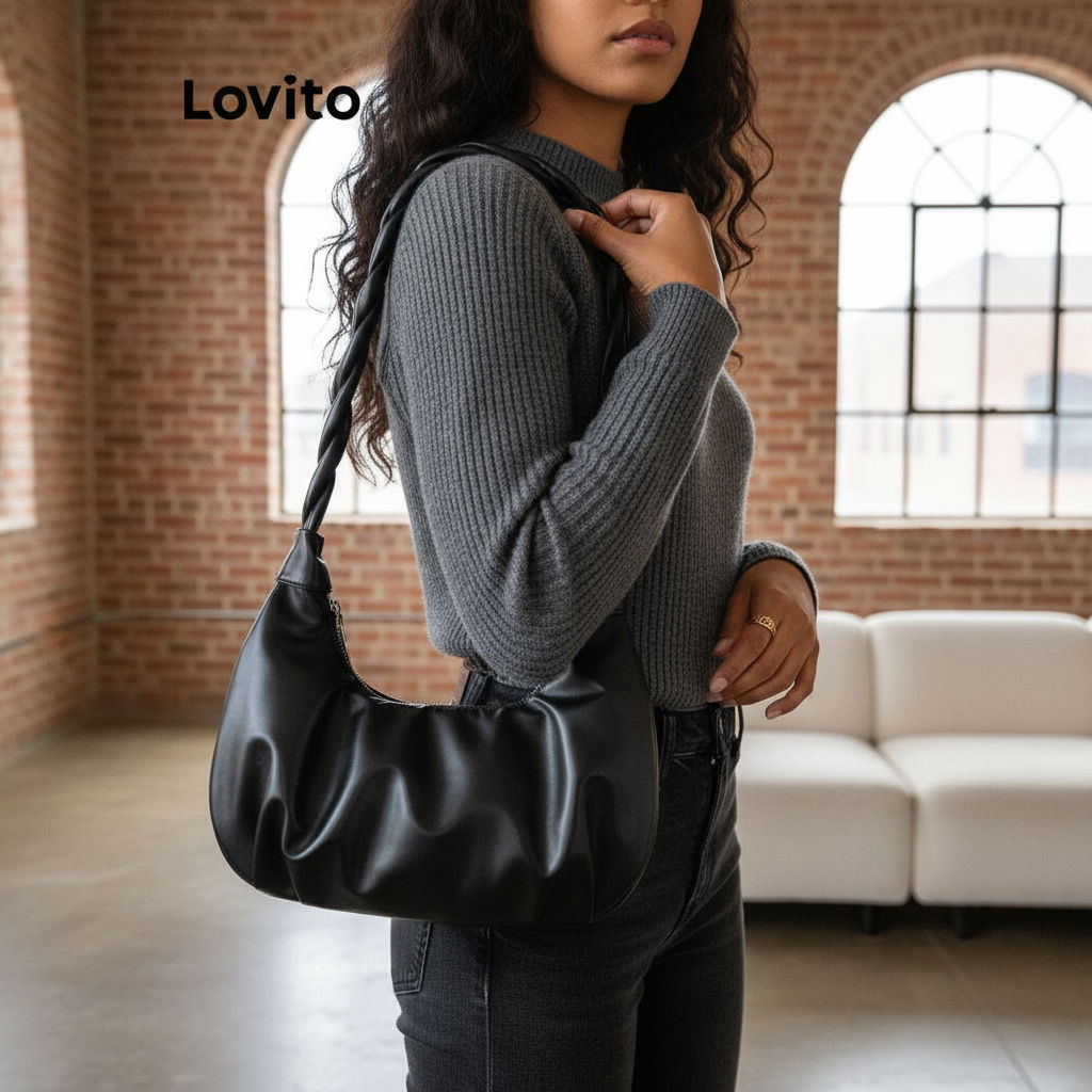 Lovito Bolsa Tote Casual com Alça Superior Plissada Lisa para Mulheres L66AD043 (Branco/Preto) em Oferta na Shopee