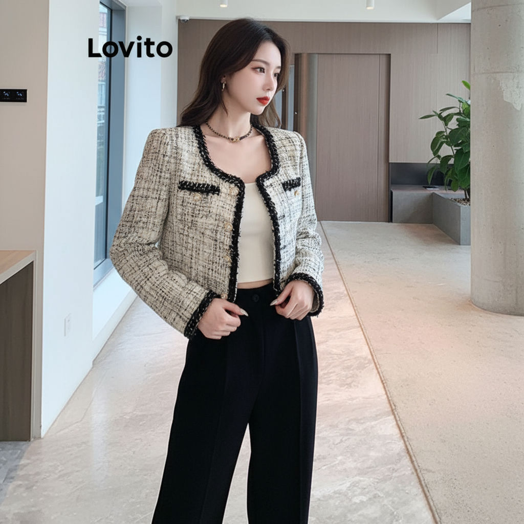 Casaco Feminino Casual Lovito com Bolso Falso e Botão em Bloco de Cor, Liso, LNA34139 (Preto e Branco) em Oferta na Shopee