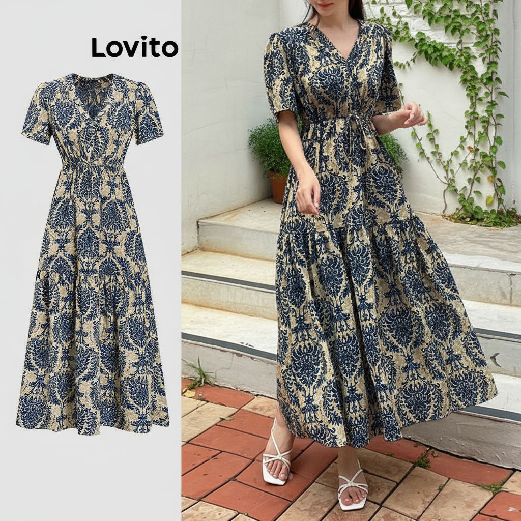 Lovito Vestido Feminino Boho Tribal com Estampa Frontal em Camadas L100MD315 em Oferta na Shopee