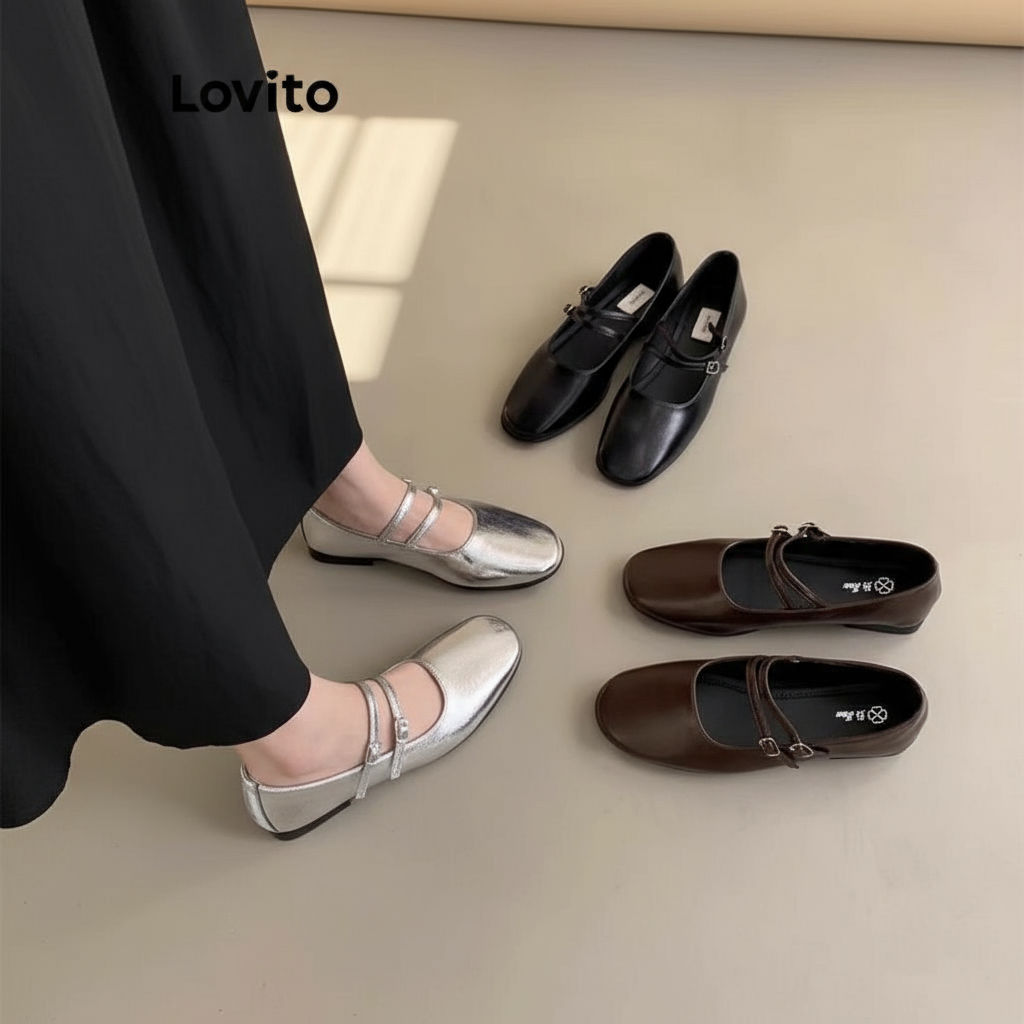Lovito Mary Jane casual feminina lisa com sola plana LFA43660 em Oferta na Shopee