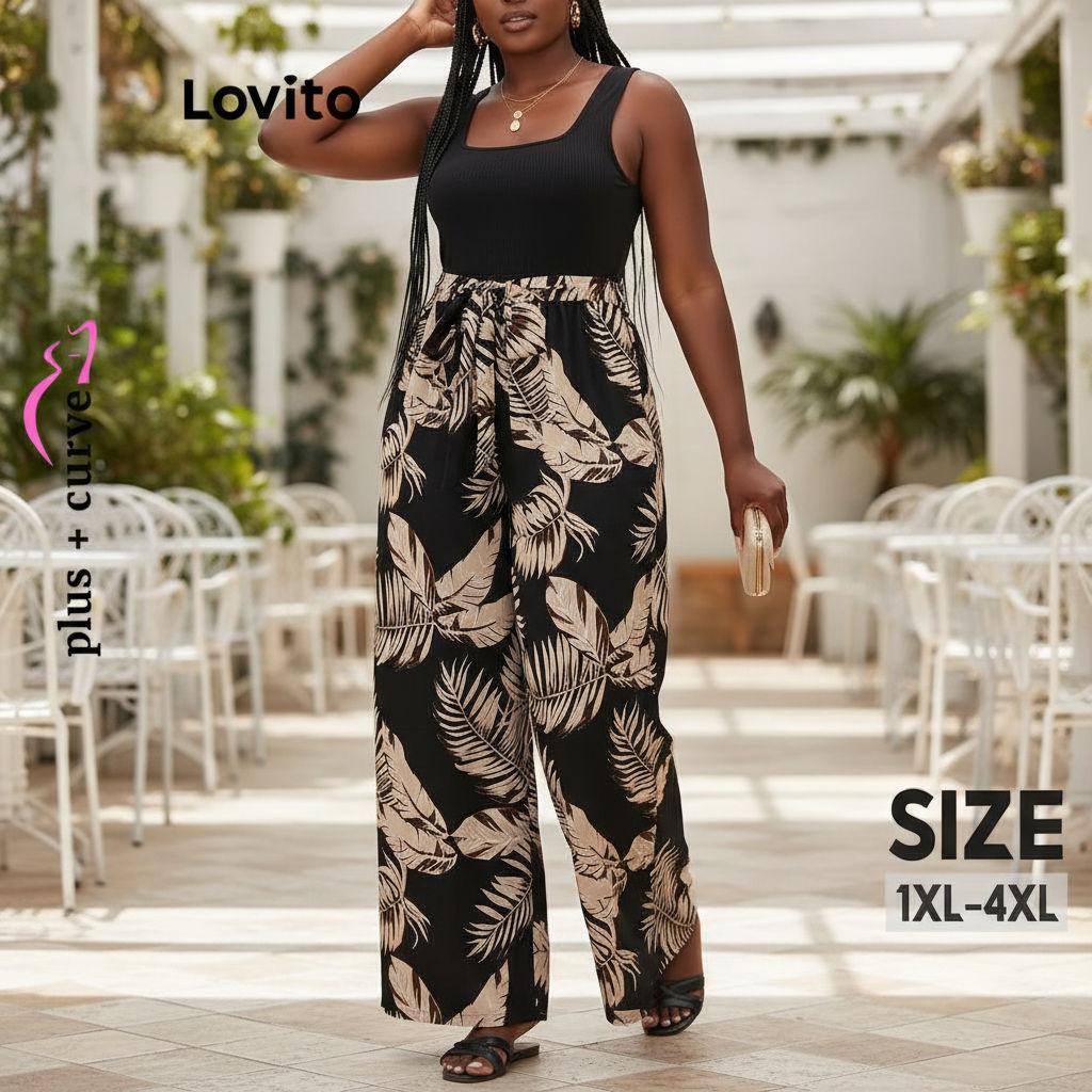 Lovito Macacão Curves Feminino Tecido Tropical Elegante Costurado Plus Size LNL91059\3 em Oferta na Shopee