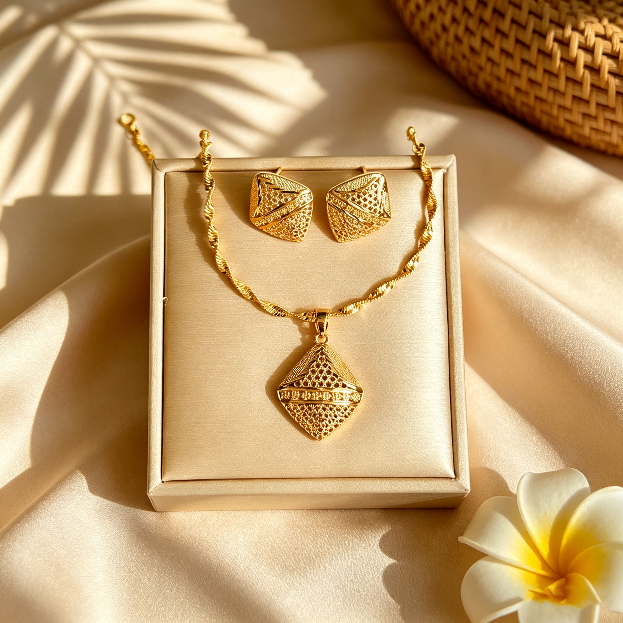 Conjunto de Acessórios 2 peças Losango Acessórios de Ouro Femininos Acessórios de Praia Colar Pingente Vazado Brincos de