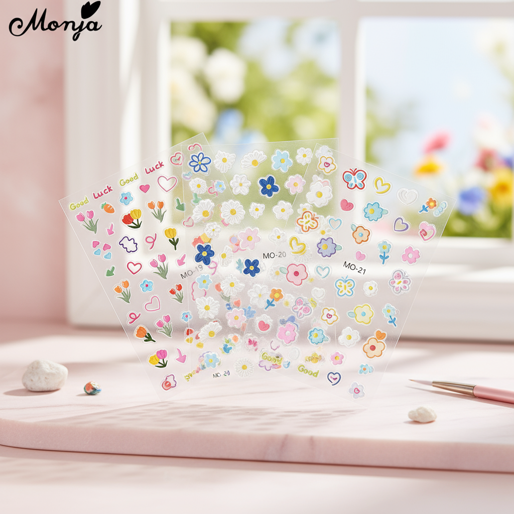 Monja 6 Variedades Adesivos 3D para Unhas Série Flores Em Relevo Decalques Autoadesivos Padrão de Folha Floral Coelho e