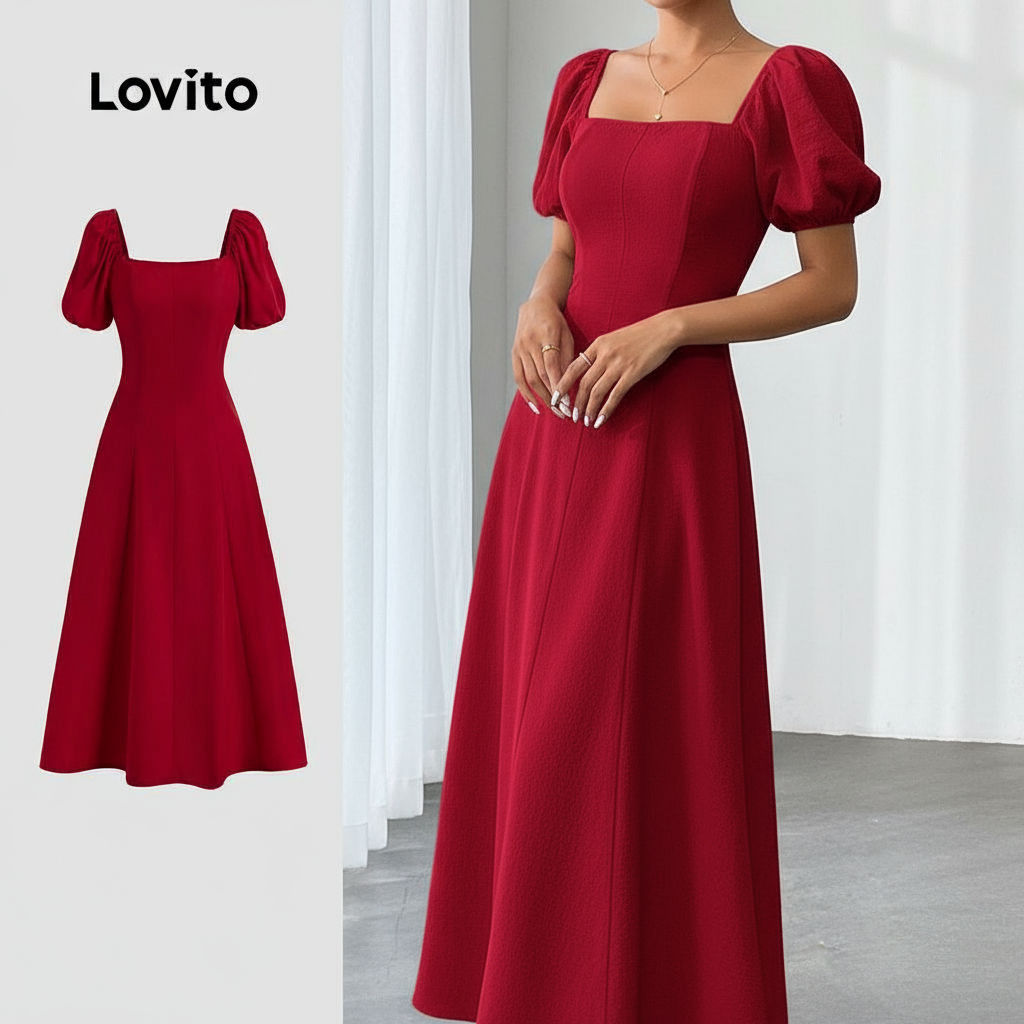 Lovito Vestido Feminino Sofisticado Blocos de Cor Mangas Bufantes Design Moderno para Verão e Primavera LBL22174 em Oferta na Shopee