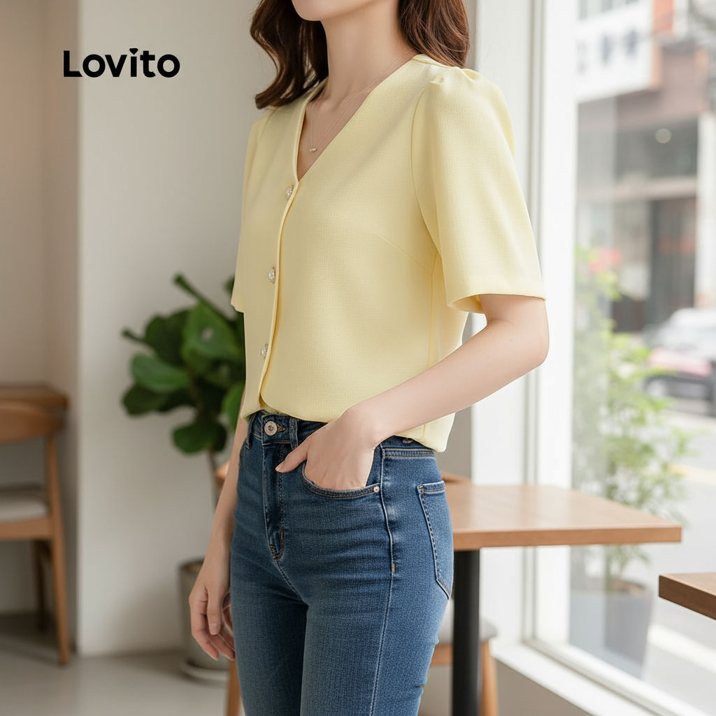 Blusa Feminina Amarela com Botões Frente, Estilo Natalino, Elegante, Primavera/Verão L137LD167