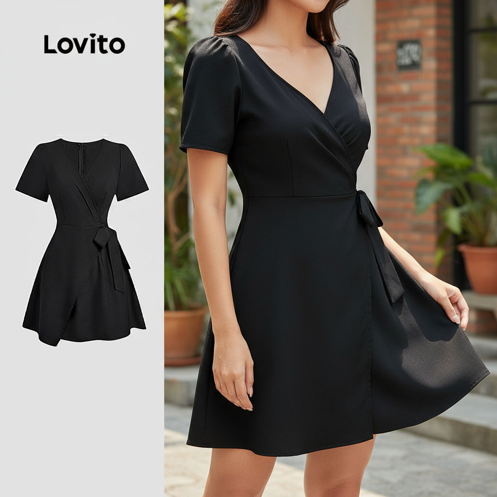 Lovito Elegante Vestido Feminino com Amarração Frontal Macio e Confortável para Primavera/Verão cor Preto L137ED742