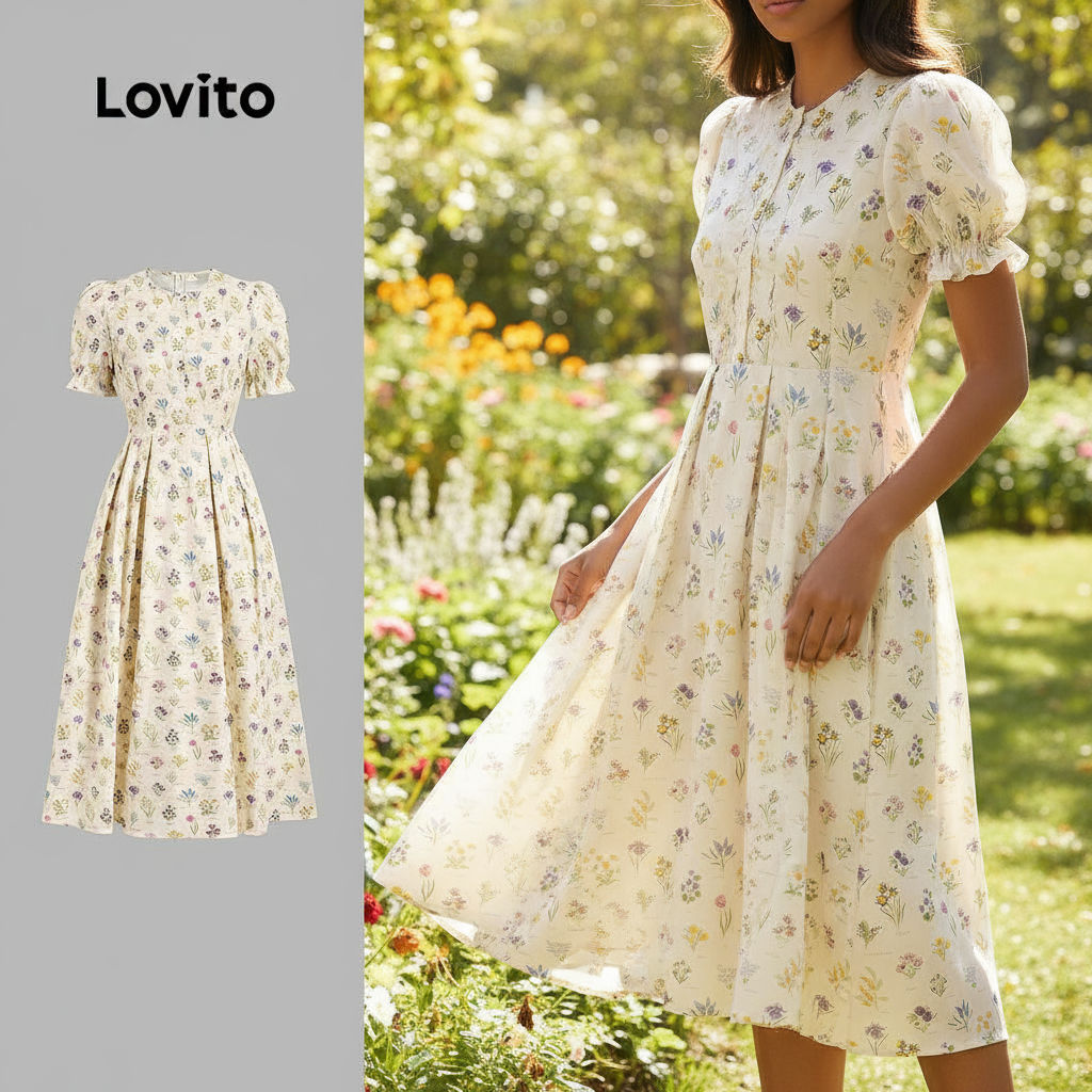 Lovito Vestido Feminino Casual Botãos em Tecido Texturizado Primavera/Verão LBL26039 em Oferta na Shopee