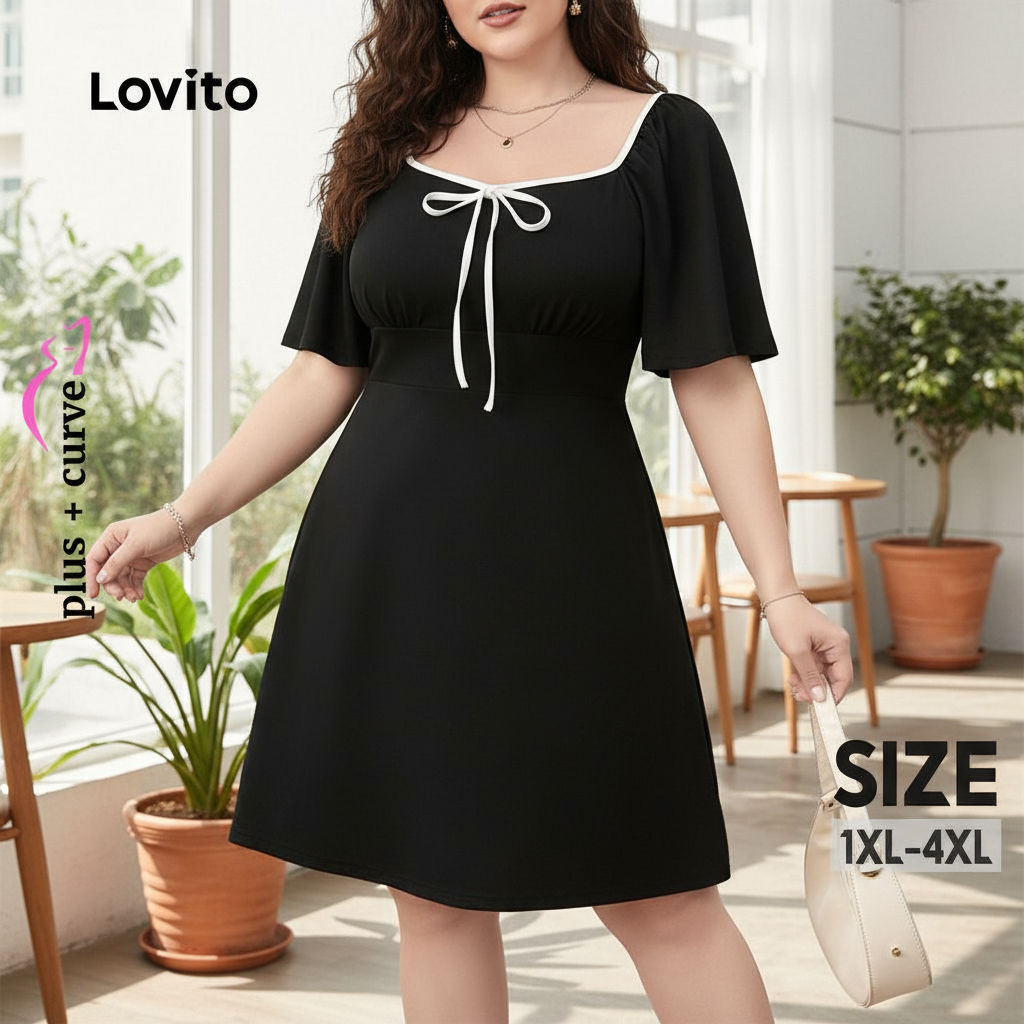 Lovito Vestido Feminino Plus Size Curve Casual Liso com Laço e Contraste de Cores Azul Escuro Primavera/Verão LNE103041 em Oferta na Shopee