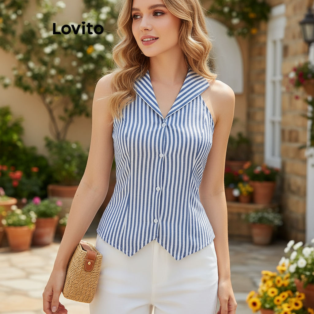 Lovito Top Elegante Listrado Com Botões, Regata Verão/primavera Para Mulheres L120LD1318\4 em Oferta na Shopee