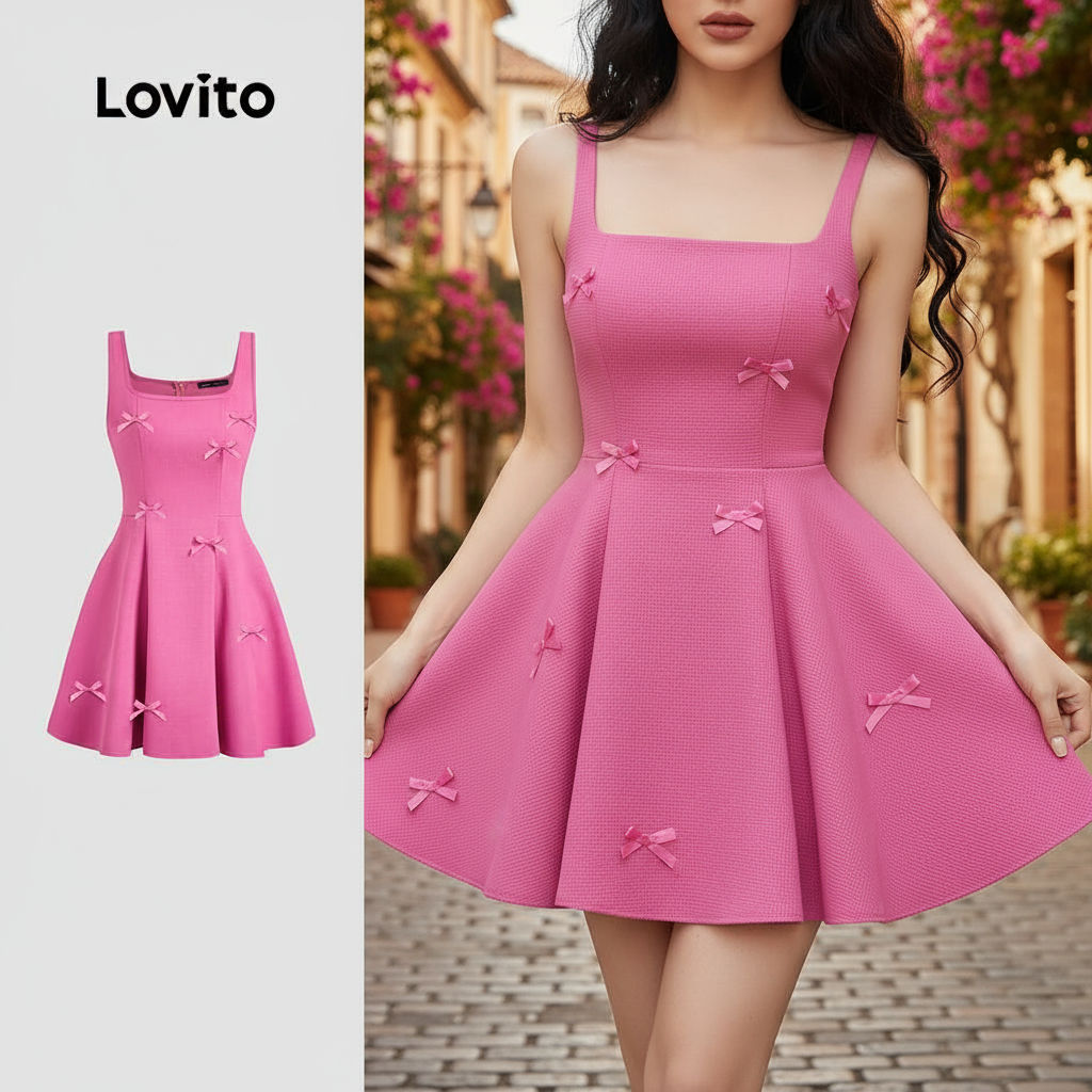 Lovito Vestido Feminino Elegante Dopamina Laço Rosa Vermelho para Primavera Verão Confortável L139AD311