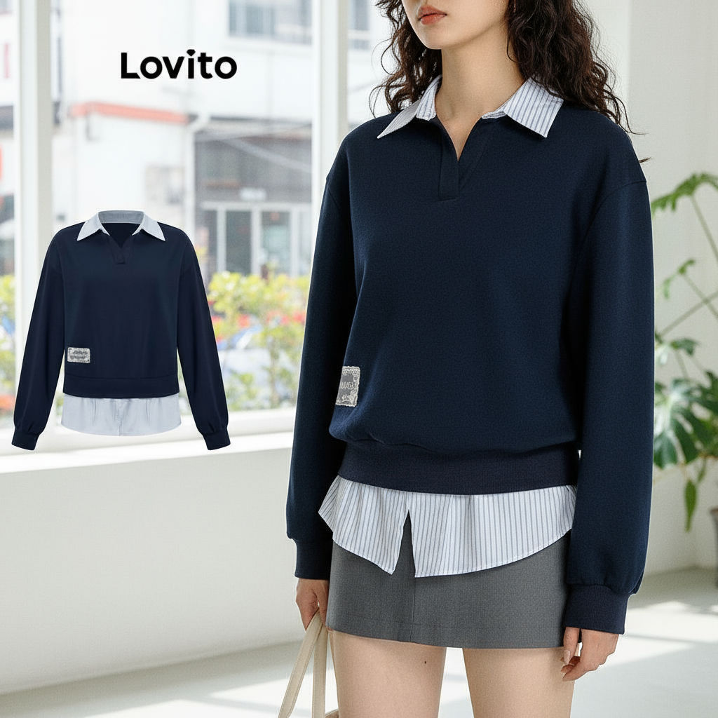 Lovito Moletom Feminino Formal Patchwork Tecido Costura Gola Contrastante De Renda L102AD217 em Oferta na Shopee