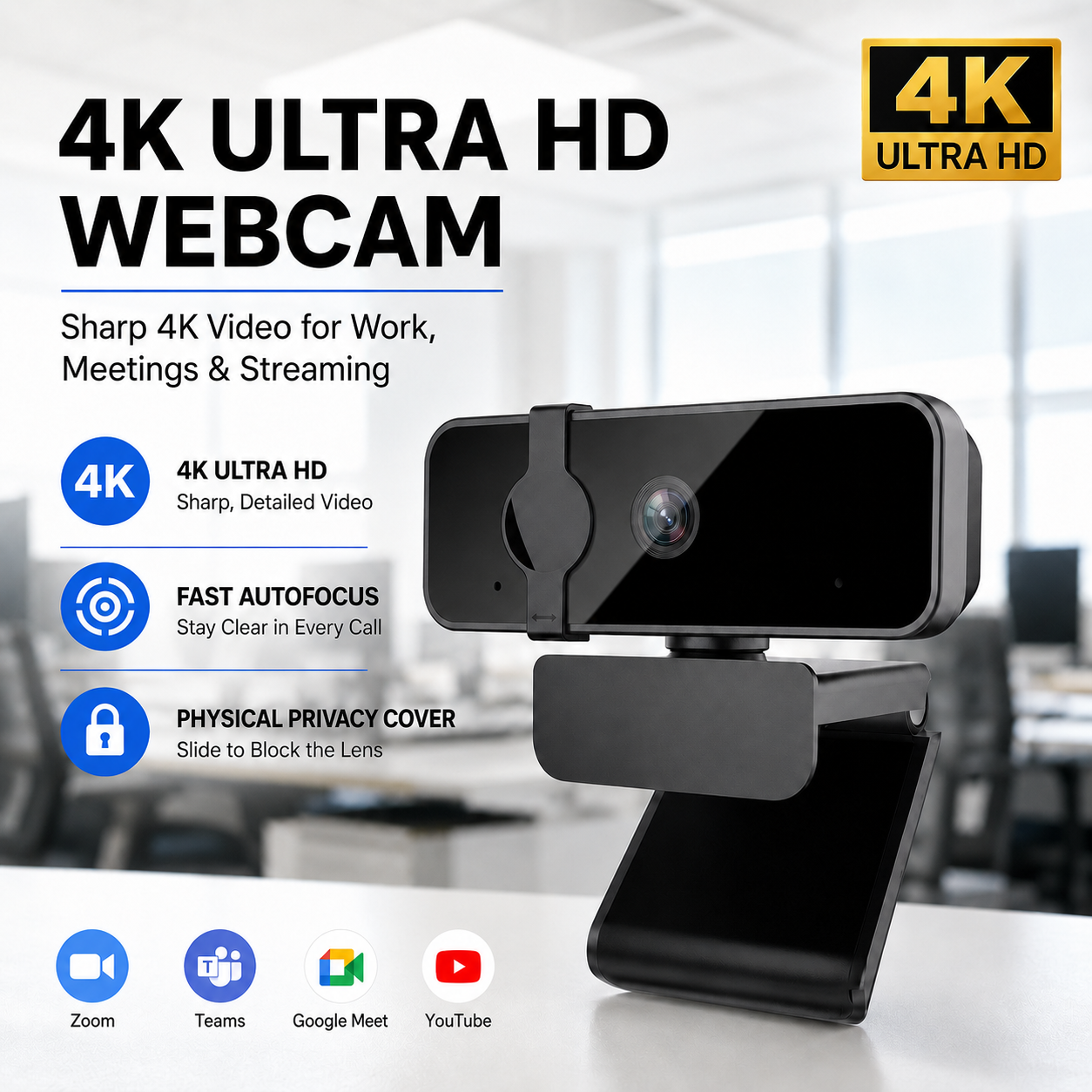 Webcam 4K, Webcam USB para PC, notebook e computador, com câmera com foco automático, microfone integrado, tampa de