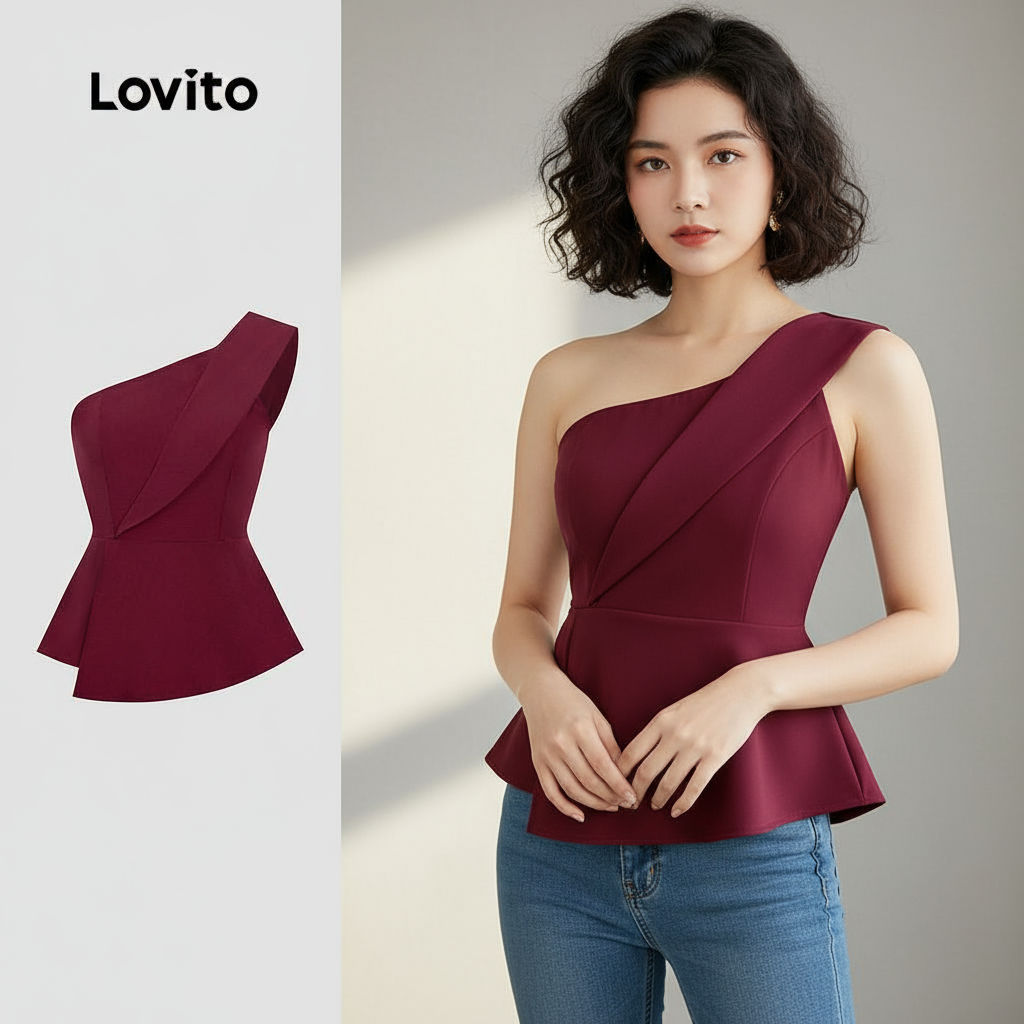 Lovito Top De Festa Assimétrico Fenda Franzida Primavera/Verão Bordô Para Mulheres L155AD298\4 em Oferta na Shopee