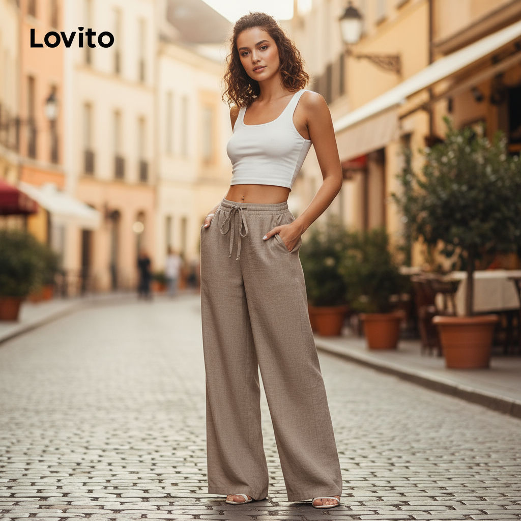 Lovito Casual Calças com Amarração Na Frente de Primavera/verão Cor Café para mu