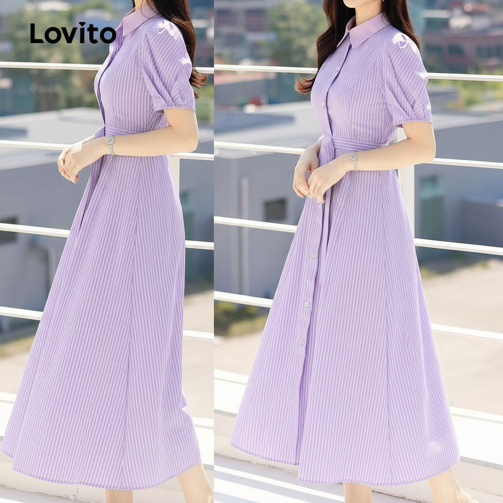 Lovito Vestido Feminino Elegante de Primavera/Verão com Botões Frontais em Roxo L140ED2D013 em Oferta na Shopee